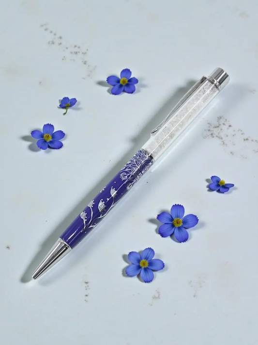 Blue Crystal Pen with Clear Quartz Chips | Journaling & Manifestation Pen