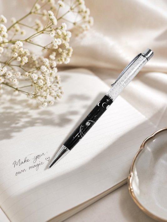 Celestial Clear Quartz Crystal Pen | Moon & Stars Journaling Pen