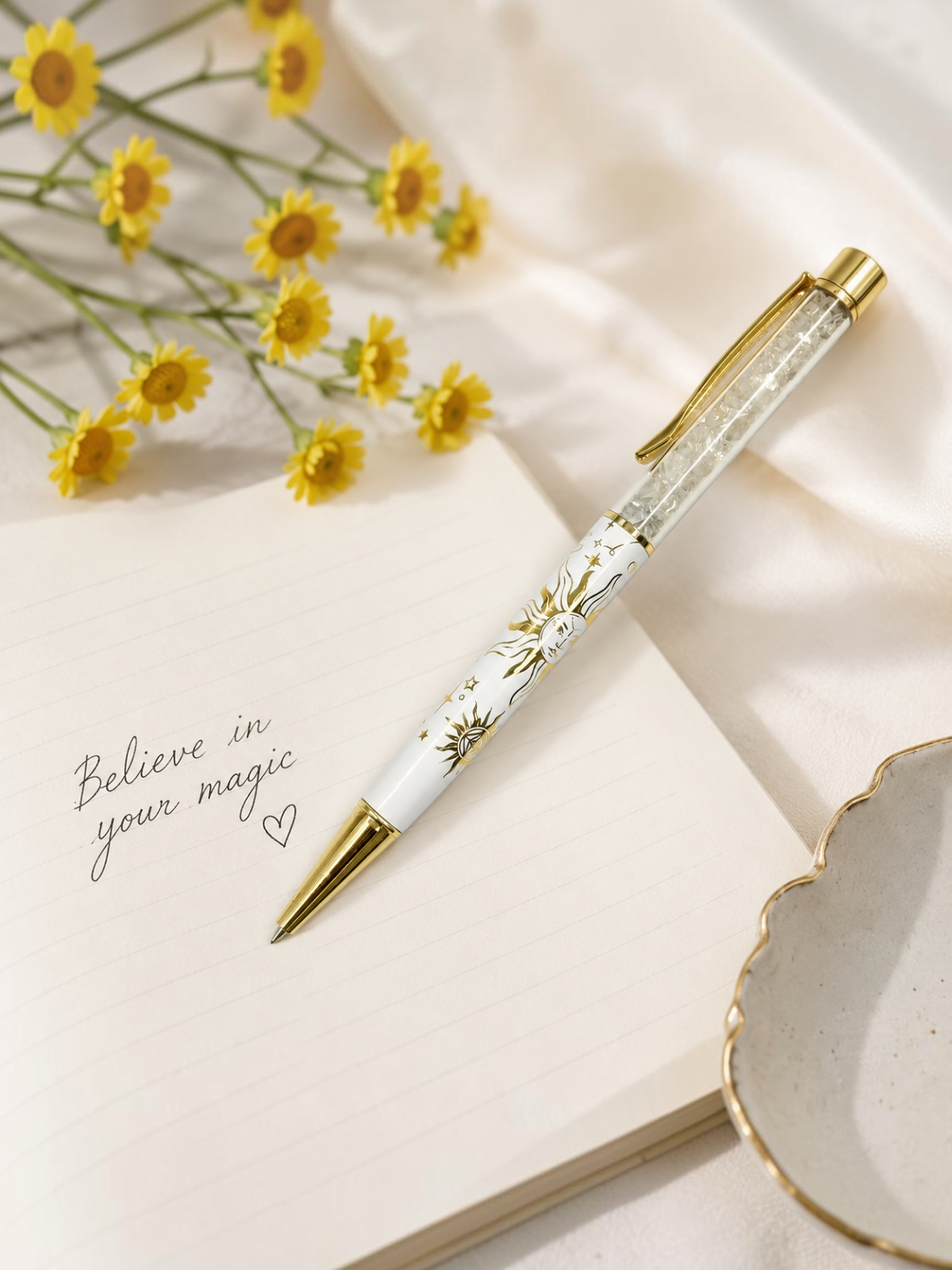 Clear Quartz Crystal Pen | Celestial Sun Writing Pen for Journaling, Manifestation & Spiritual Practice