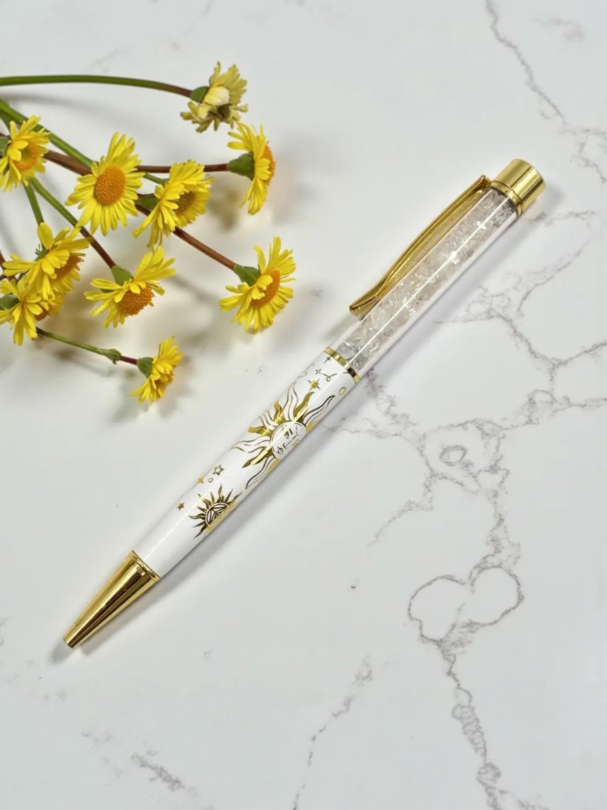 Clear Quartz Crystal Pen | Celestial Sun Writing Pen for Journaling, Manifestation & Spiritual Practice