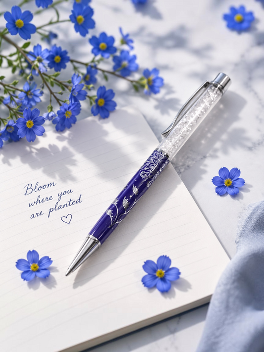 Blue Crystal Pen with Clear Quartz Chips | Journaling & Manifestation Pen