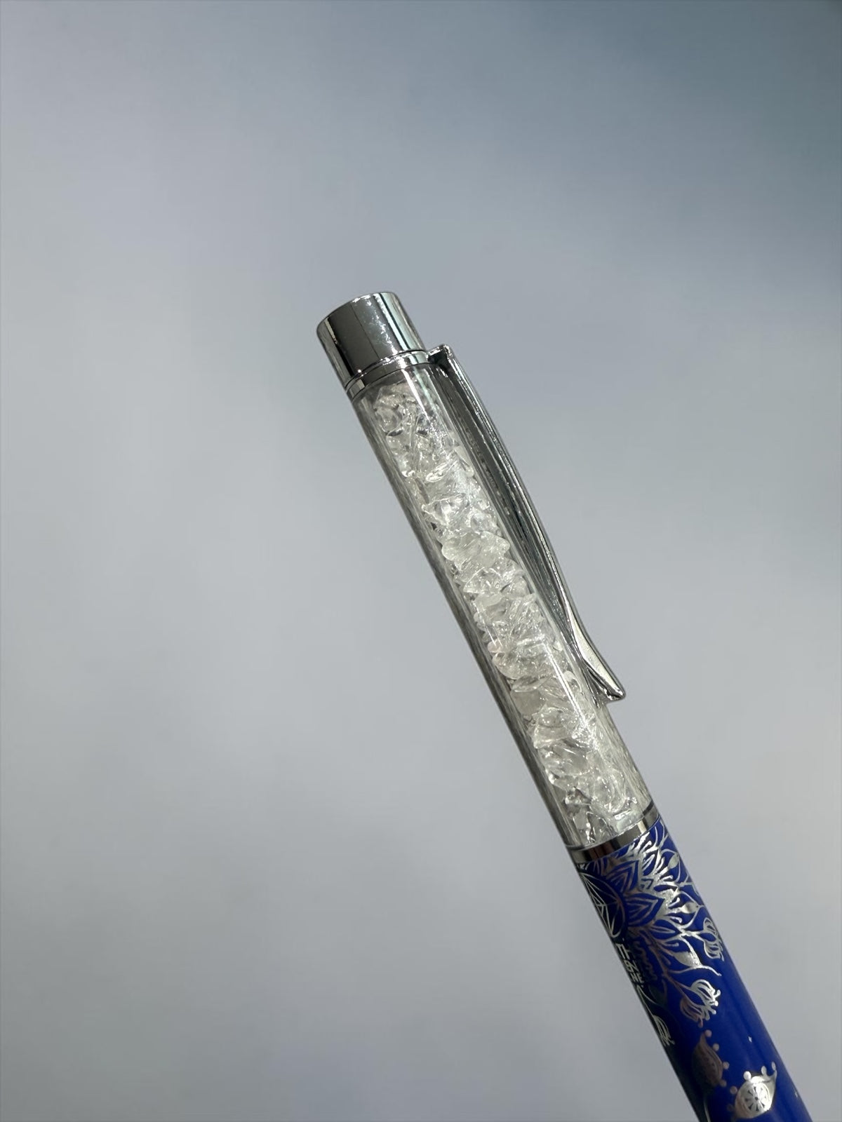Blue Crystal Pen with Clear Quartz Chips | Journaling & Manifestation Pen