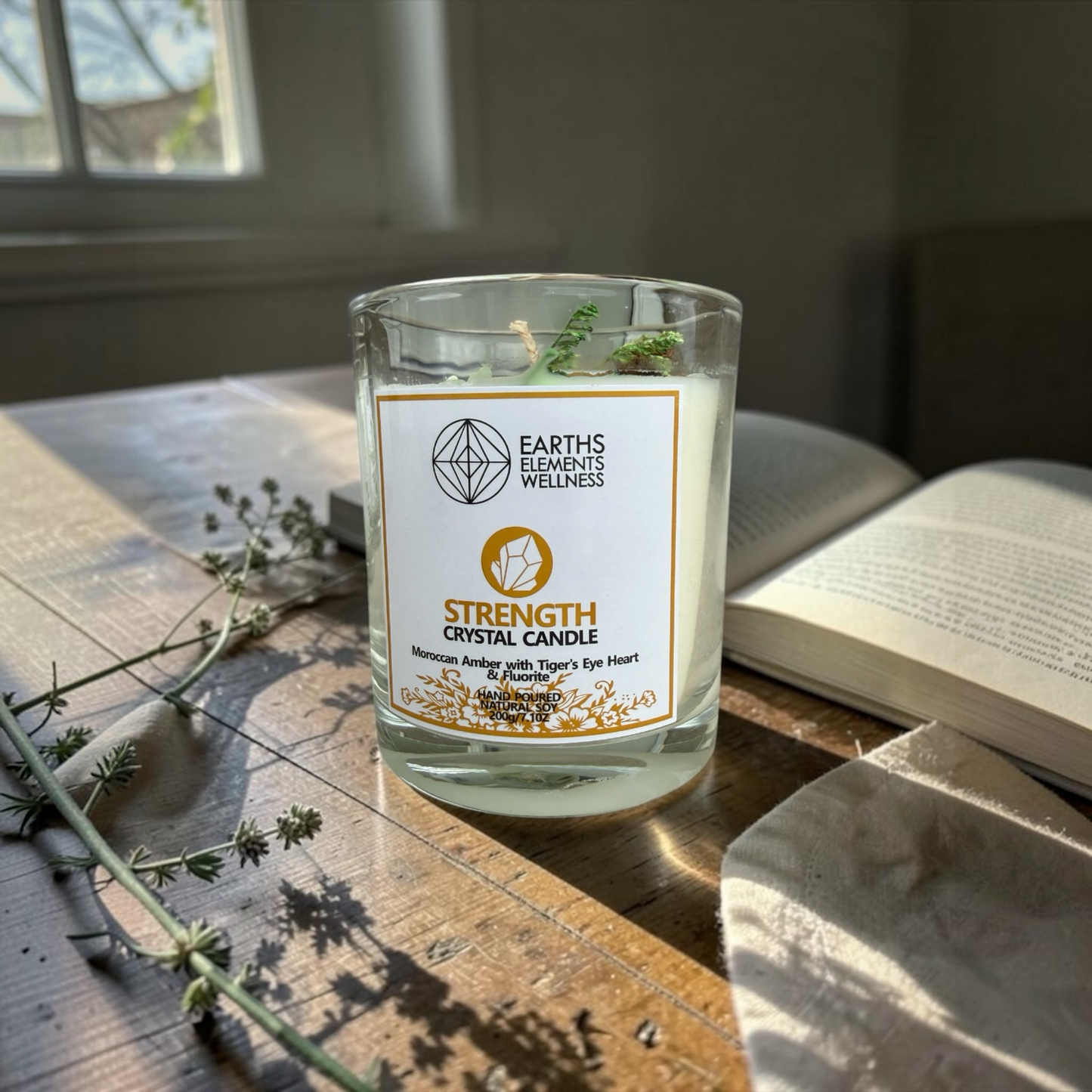 Strength Crystal Candle | Tiger’s Eye & Fluorite Soy Candle